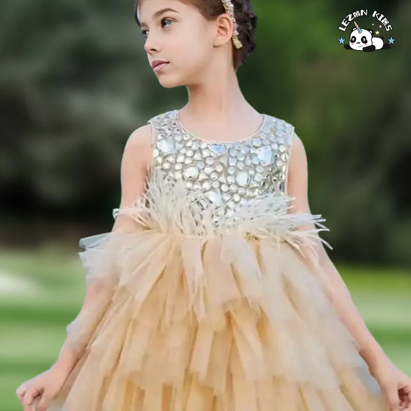LEZONKIDS - 2024 New Fashion Summer Sleeveless Princess Cake Dress for Children Soft Feather Tutu Dress for 6 Year Olds